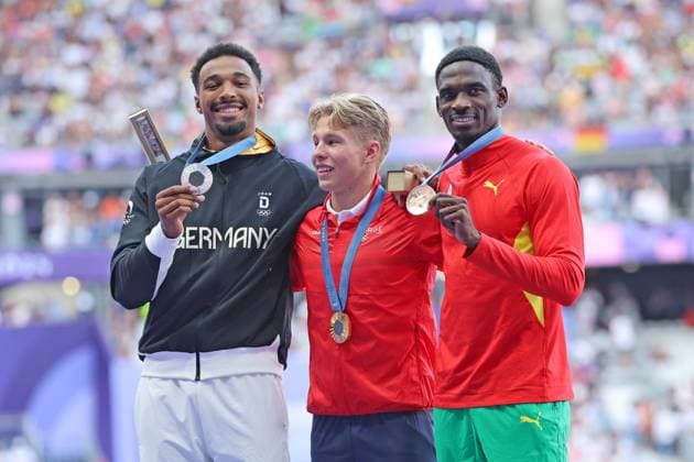 Award ceremony, Silver for Leo Neugebauer GER , Gold for Markus Rooth NOR , Bronze for Lindon Victor GRD Grenada , Decathlon, Athletics, Paris 2024, Olympic Games Paris 2024, Olympic Games 2024, 04 08 2024,