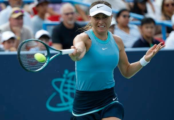 August 4, 2024: Paula Badosa (ESP) hits a shot during the final of the 2024 Mubadala Citi DC Open tennis tournament being played at Rock Creek Park Tennis Center in Washington, D.C. CSM District Of Columbia United States of America - ZUMAc04_ 20240804_zma_c04_249 Copyright: xJustinxCooperx
