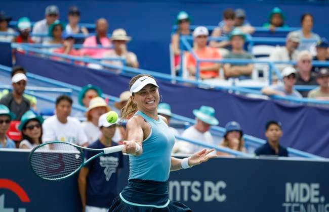 August 4, 2024: Paula Badosa (ESP) hits a shot during the final of the 2024 Mubadala Citi DC Open tennis tournament being played at Rock Creek Park Tennis Center in Washington, D.C. CSM District Of Columbia United States of America - ZUMAc04_ 20240804_zma_c04_258 Copyright: xJustinxCooperx
