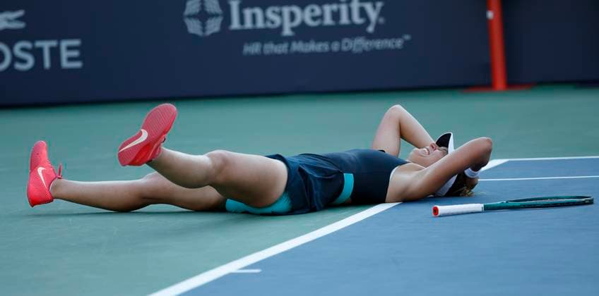 August 4, 2024: Paula Badosa (ESP) lays on the court in disbelief of winning after the final of the 2024 Mubadala Citi DC Open tennis tournament being played at Rock Creek Park Tennis Center in Washington, D.C. CSM District Of Columbia United States of America - ZUMAc04_ 20240804_zma_c04_264 Copyright: xJustinxCooperx