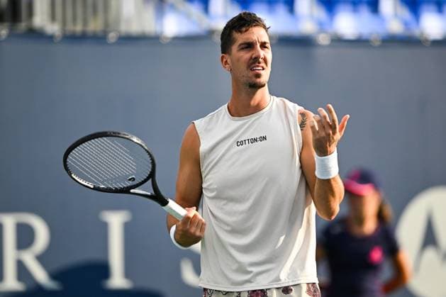 MONTREAL, QC - AUGUST 04: Thanasi Kokkinakis (AUS) reacts after a call by the chair umpire during a qualifying round match at ATP, Tennis Herren National Bank Open on August 04, 2024 at IGA Stadium in Montreal, QC (Photo by David Kirouac Icon Sportswire) TENNIS: AUG 04 National Bank Open EDITORIAL USE ONLY Icon240804023