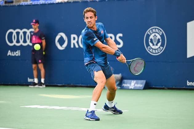 MONTREAL, QC - AUGUST 04: Roberto Carballes Baena (ESP) returns the ball during a qualifying round match at ATP, Tennis Herren National Bank Open on August 04, 2024 at IGA Stadium in Montreal, QC (Photo by David Kirouac Icon Sportswire) TENNIS: AUG 04 National Bank Open EDITORIAL USE ONLY Icon240804026