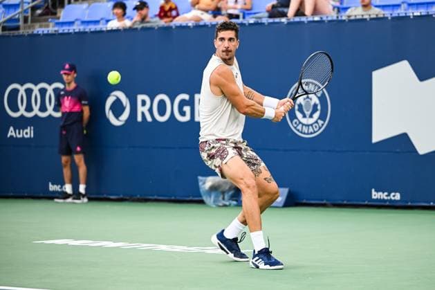 MONTREAL, QC - AUGUST 04: Thanasi Kokkinakis (AUS) returns the ball during a qualifying round match at ATP, Tennis Herren National Bank Open on August 04, 2024 at IGA Stadium in Montreal, QC (Photo by David Kirouac Icon Sportswire) TENNIS: AUG 04 National Bank Open EDITORIAL USE ONLY Icon240804029