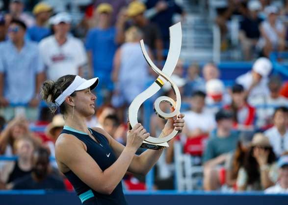 August 4, 2024: Paula Badosa (ESP) admires the championship trophy after the final of the 2024 Mubadala Citi DC Open tennis tournament being played at Rock Creek Park Tennis Center in Washington, D.C. CSM District Of Columbia United States of America - ZUMAc04_ 20240804_zma_c04_284 Copyright: xJustinxCooperx