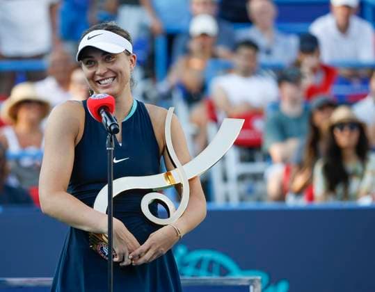 August 4, 2024: Paula Badosa (ESP) addresses the crowd holding the championship trophy after the final of the 2024 Mubadala Citi DC Open tennis tournament being played at Rock Creek Park Tennis Center in Washington, D.C. CSM District Of Columbia United States of America - ZUMAc04_ 20240804_zma_c04_289 Copyright: xJustinxCooperx
