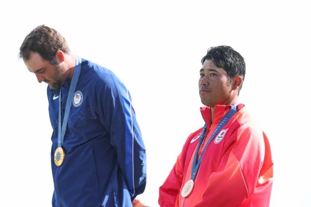 (L to R) Scottie Scheffler (USA), Hideki Matsuyama (JPN), AUGUST 4, 2024 - Golf : Medal Ceremony during the Paris 2024 Olympic Games, Olympische Spiele, Olympia, OS at Golf National in Saint-Quentin-en-Yvelines, France. Noxthirdxpartyxsales  (262085049)