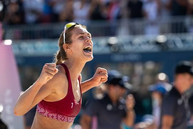 MUELLER Svenja, TILLMANN Cinja Germany vs GRAUDINA Tina, SAMOILOVA Anastasija Latvia , GRAUDINA Tina Latvia celebrates victory, FRA, Olympic Games Paris 2024, Beach Volleyball, Womens Round of 16, 05 08 2024 FRA, Olympic Games Paris 2024, Beach Volleyball, Womens Round of 16, 05 08 2024 Paris Copyright: xEibner-Pressefoto Memmlerx EP_MMR
