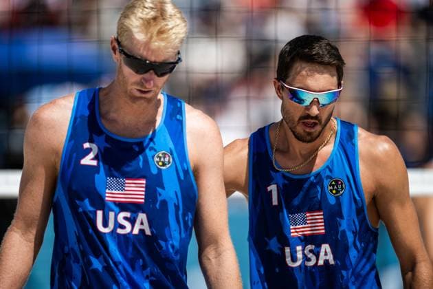 240805 Chase Budinger and Miles Evans of USA in men s round of 16 beach volleyball match between Norway and USA during day 10 of the Paris 2024 Olympic Games on August 5, 2024 in Paris Photo Jon Olav Nesvold BILDBYRAN COP 217 JE0097 beachvolleyboll beach volleyball sandvolleyball paris 2024 olympics day 10 bbeng  Copyright: JONxOLAVxNESVOLD BB240805JE077