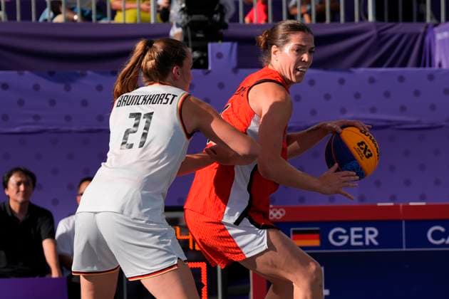August 5, 2024, Paris, France: Canada s Katherine Plouffe (2) dribbles away from Germany s Svenja Brunckhorst (21) during a women s 3 X 3 basketball semifinal at the Summer Olympics in Paris on Monday, Aug.5, 2024. Canada News - August 5, 2024  - ZUMAc35_ 20240805_zaf_c35_022 Copyright: xAdrianxWyldx