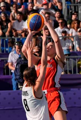 August 5, 2024, Paris, France: Canada s Paige Crozon (7) shoots over Germany s Elisa Mevius (8) during a women s 3 X 3 basketball semifinal at the Summer Olympics in Paris on Monday, Aug.5, 2024. Canada News - August 5, 2024  - ZUMAc35_ 20240805_zaf_c35_023 Copyright: xAdrianxWyldx