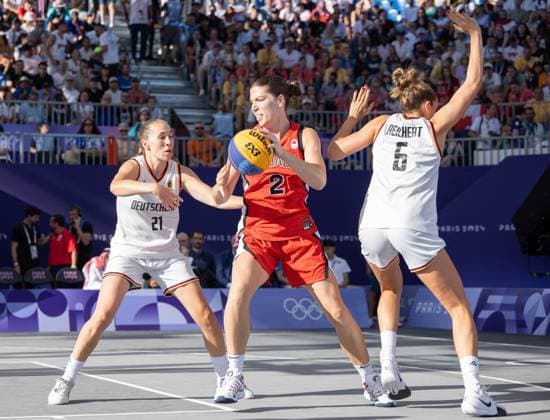 FRA, Paris, Olympic Games Paris 2024, 05 08 2024, 3x3 Basketball Women Semifinal Germany Canada, La Concorde 1 from left Svenja Brunckhorst Germany, 21 , Katherine Plouffe Canada, 2 and Marie Reichert Germany, 6 Copyright: HMBxMedia SteffiexWunderl