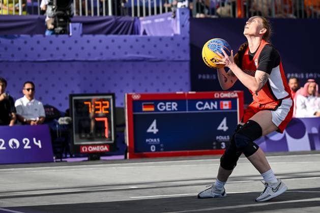 Kacie Bosci (Canada) controls the Ball during the Women s 3x3 Basketball semi-final match between Germany and Canada on Day 10 of the Olympic Games, Olympische Spiele, Olympia, OS Paris 2024 at La Concorde on August 5, 2024 in Paris, France.