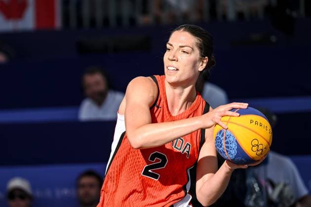 Katherine Plouffee (Canada) controls the Ball during the Women s 3x3 Basketball semi-final match between Germany and Canada on Day 10 of the Olympic Games, Olympische Spiele, Olympia, OS Paris 2024 at La Concorde on August 5, 2024 in Paris, France.