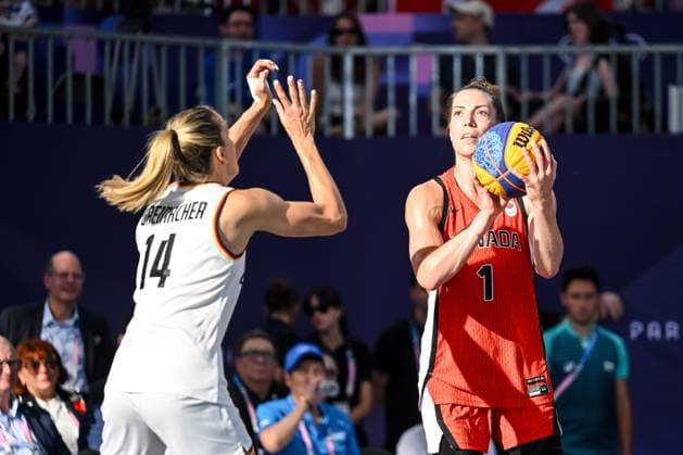 Sonja Greinacher (Germany) und Michelle Plouffee (Canada) battle for the ball during the Women s 3x3 Basketball semi-final match between Germany and Canada on Day 10 of the Olympic Games, Olympische Spiele, Olympia, OS Paris 2024 at La Concorde on August 5, 2024 in Paris, France.