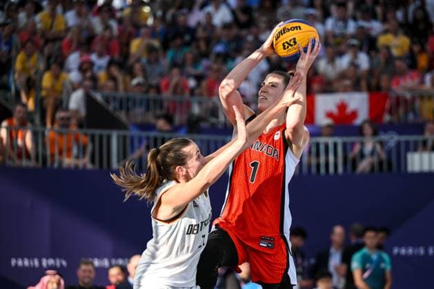 Svenja Brunckhorst (Germany) und Michelle Plouffee (Canada) battle for the ball during the Women s 3x3 Basketball semi-final match between Germany and Canada on Day 10 of the Olympic Games, Olympische Spiele, Olympia, OS Paris 2024 at La Concorde on August 5, 2024 in Paris, France.