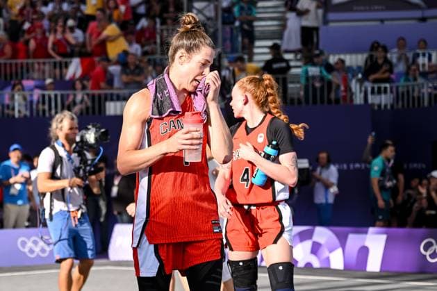 Michelle Plouffee (Canada) und Kacie Bosci (Canada) looks dejected during the Women s 3x3 Basketball semi-final match between Germany and Canada on Day 10 of the Olympic Games, Olympische Spiele, Olympia, OS Paris 2024 at La Concorde on August 5, 2024 in Paris, France.