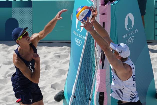 Samuele Cottafava and Paolo Nicolai during a men™s beach volley match between Italy and USA at 2024 Olympics, Monday, August 5, 2024, in Paris, France.  Copyright: xGianxMattiaxD Alberto LaPressex