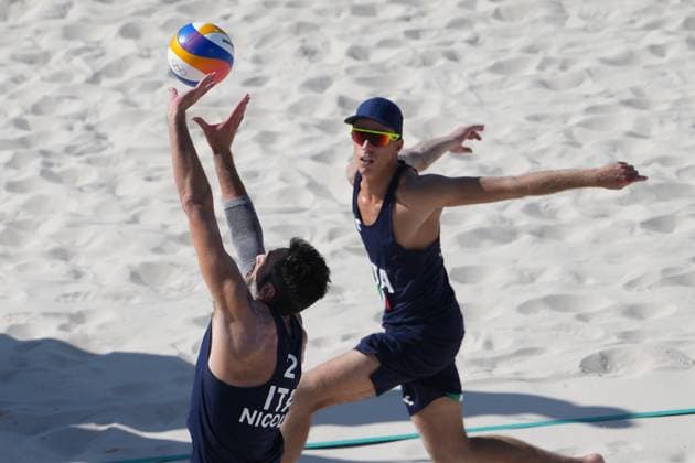 Samuele Cottafava and Paolo Nicolai during a men™s beach volley match between Italy and USA at 2024 Olympics, Monday, August 5, 2024, in Paris, France.  Copyright: xGianxMattiaxD Alberto LaPressex