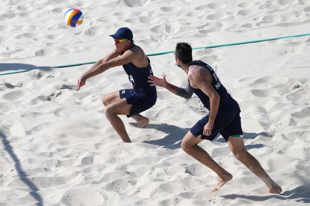 Samuele Cottafava and Paolo Nicolai during a men™s beach volley match between Italy and USA at 2024 Olympics, Monday, August 5, 2024, in Paris, France.  Copyright: xGianxMattiaxD Alberto LaPressex