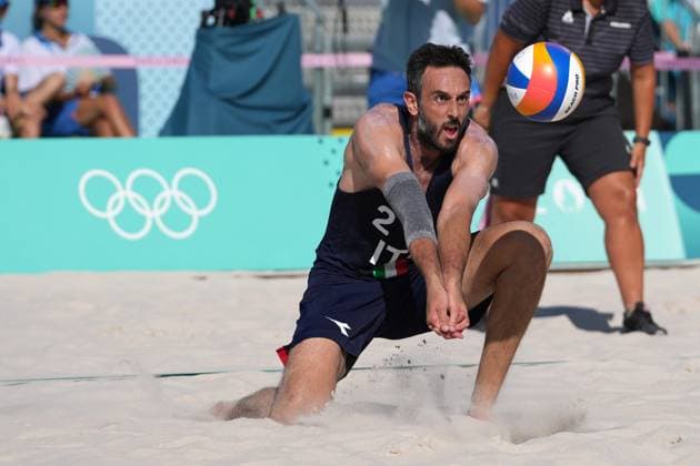 Samuele Cottafava and Paolo Nicolai during a men™s beach volley match between Italy and USA at 2024 Olympics, Monday, August 5, 2024, in Paris, France.  Copyright: xGianxMattiaxD Alberto LaPressex