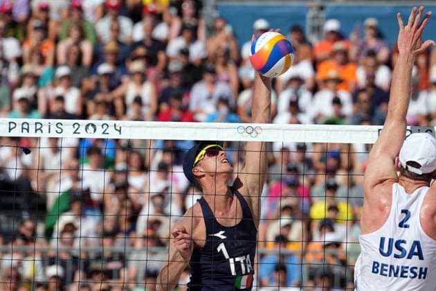 Samuele Cottafava and Paolo Nicolai during a men™s beach volley match between Italy and USA at 2024 Olympics, Monday, August 5, 2024, in Paris, France.  Copyright: xGianxMattiaxD Alberto LaPressex