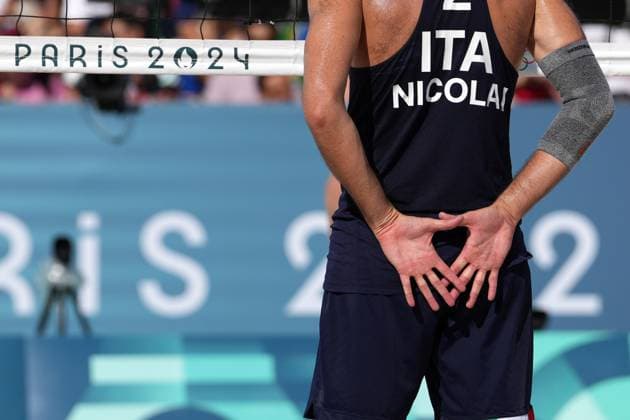 Samuele Cottafava and Paolo Nicolai during a men™s beach volley match between Italy and USA at 2024 Olympics, Monday, August 5, 2024, in Paris, France.  Copyright: xGianxMattiaxD Alberto LaPressex