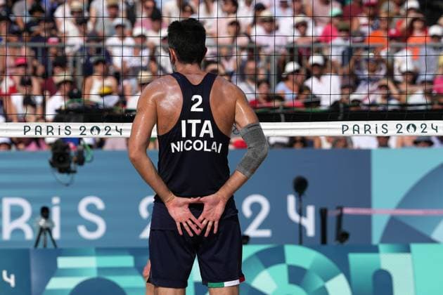 Samuele Cottafava and Paolo Nicolai during a men™s beach volley match between Italy and USA at 2024 Olympics, Monday, August 5, 2024, in Paris, France.  Copyright: xGianxMattiaxD Alberto LaPressex