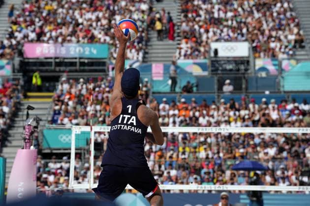 Samuele Cottafava and Paolo Nicolai during a men™s beach volley match between Italy and USA at 2024 Olympics, Monday, August 5, 2024, in Paris, France.  Copyright: xGianxMattiaxD Alberto LaPressex