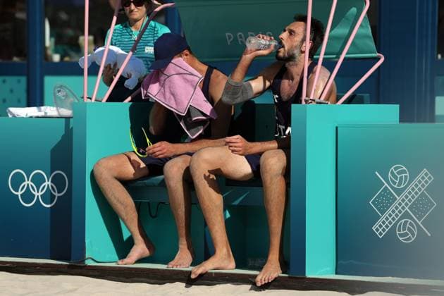 Samuele Cottafava and Paolo Nicolai during a men™s beach volley match between Italy and USA at 2024 Olympics, Monday, August 5, 2024, in Paris, France.  Copyright: xGianxMattiaxD Alberto LaPressex