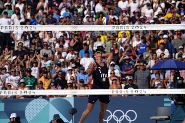 Samuele Cottafava and Paolo Nicolai during a men™s beach volley match between Italy and USA at 2024 Olympics, Monday, August 5, 2024, in Paris, France.  Copyright: xGianxMattiaxD Alberto LaPressex
