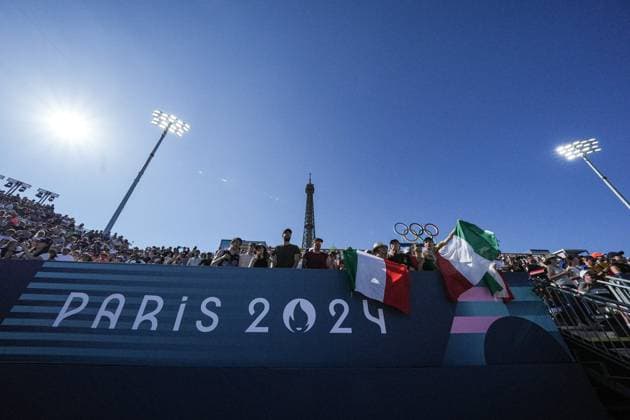 Samuele Cottafava and Paolo Nicolai during a men™s beach volley match between Italy and USA at 2024 Olympics, Monday, August 5, 2024, in Paris, France.  Copyright: xGianxMattiaxD Alberto LaPressex