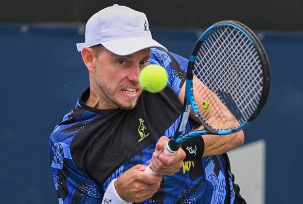 August 5, 2024, Montreal, Pq, Canada: James Duckworth, of Australia, plays a shot against Mackenzie McDonald, of the United States, during their qualifying match at the National Bank Open tennis tournament in Montreal on Monday, August 5, 2024. Mackenzie McDonald, James Duckworth, - ZUMAc35_ 20240805_zaf_c35_030 Copyright: xGrahamxHughesx