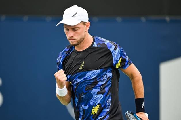 MONTREAL, QC - AUGUST 05: James Duckworth (AUS) reacts after scoring a point during a qualifying round match at ATP, Tennis Herren National Bank Open on August 05, 2024 at IGA Stadium in Montreal, QC (Photo by David Kirouac Icon Sportswire) TENNIS: AUG 05 National Bank Open EDITORIAL USE ONLY Icon240805004