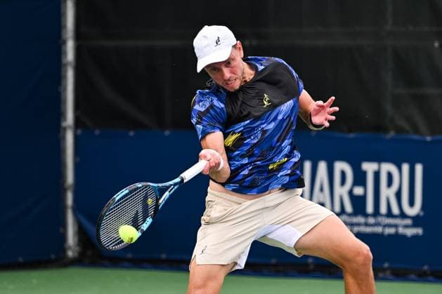 MONTREAL, QC - AUGUST 05: James Duckworth (AUS) returns the ball during a qualifying round match at ATP, Tennis Herren National Bank Open on August 05, 2024 at IGA Stadium in Montreal, QC (Photo by David Kirouac Icon Sportswire) TENNIS: AUG 05 National Bank Open EDITORIAL USE ONLY Icon240805016