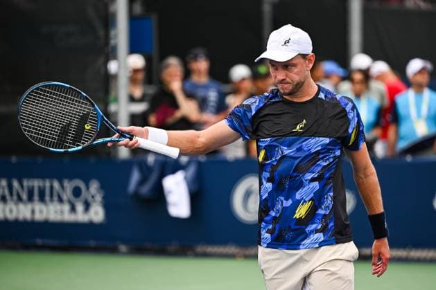 MONTREAL, QC - AUGUST 05: James Duckworth (AUS) reacts after missing a point during a qualifying round match at ATP, Tennis Herren National Bank Open on August 05, 2024 at IGA Stadium in Montreal, QC (Photo by David Kirouac Icon Sportswire) TENNIS: AUG 05 National Bank Open EDITORIAL USE ONLY Icon240805018