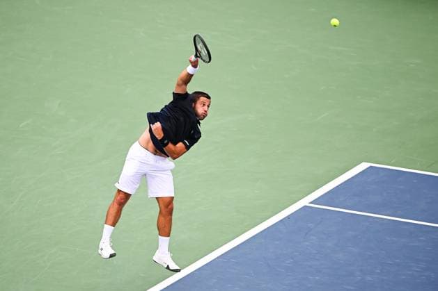 MONTREAL, QC - AUGUST 05: Alexis Galarneau (CAN) serves the ball during a qualifying round match at ATP, Tennis Herren National Bank Open on August 05, 2024 at IGA Stadium in Montreal, QC (Photo by David Kirouac Icon Sportswire) TENNIS: AUG 05 National Bank Open EDITORIAL USE ONLY Icon240805024