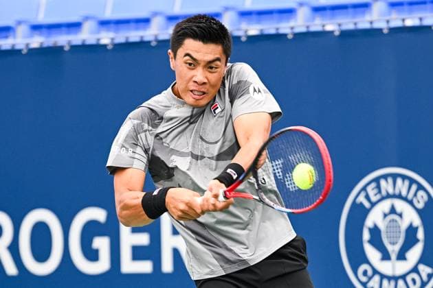 MONTREAL, QC - AUGUST 05: Brandon Nakashima(Usa) returns the ball during a qualifying round match at ATP, Tennis Herren National Bank Open on August 05, 2024 at IGA Stadium in Montreal, QC (Photo by David Kirouac Icon Sportswire) TENNIS: AUG 05 National Bank Open EDITORIAL USE ONLY Icon240805034