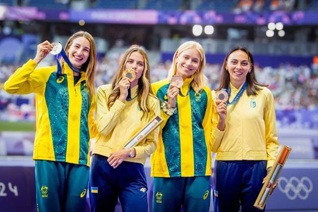 Olympic Games Athletics Paris, 05 08 2024 left to right Nicola Olyslagers of Australia, Yaroslava MAHUCHIKH of Ukraine, Eleanor PATTERSON of Australia, and Iryna GERASHCHENKO of Ukraine during the medal ceremony for the womens high jump at the Olympic Games Paris 05 08 2024 Copyright: xBEAUTIFULxSPORTS OlafxRellischx