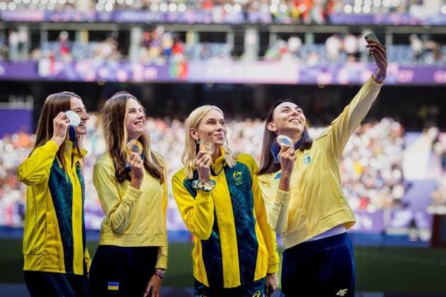 Olympic Games Athletics Paris, 05 08 2024 left to right Nicola Olyslagers of Australia, Yaroslava MAHUCHIKH of Ukraine, Eleanor PATTERSON of Australia, and Iryna GERASHCHENKO of Ukraine during the medal ceremony for the womens high jump at the Olympic Games Paris 05 08 2024 Copyright: xBEAUTIFULxSPORTS OlafxRellischx