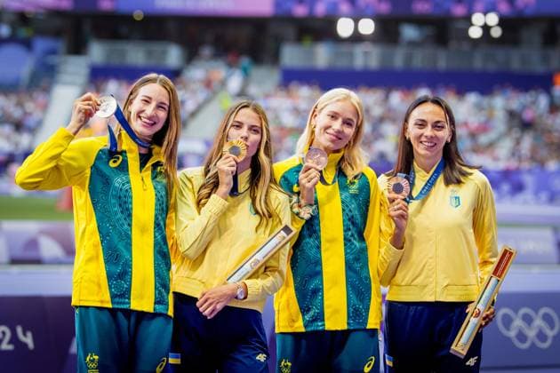 Olympic Games Athletics Paris, 05 08 2024 left to right Nicola Olyslagers of Australia, Yaroslava MAHUCHIKH of Ukraine, Eleanor PATTERSON of Australia, and Iryna GERASHCHENKO of Ukraine during the medal ceremony for the womens high jump at the Olympic Games Paris 05 08 2024 Copyright: xBEAUTIFULxSPORTS OlafxRellischx