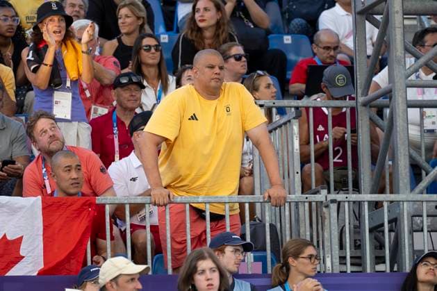 Coach Samir SULIMANN GER does not stay on the seats, tension, on the tribune 3x3 Basketball Women Germany GER vs United States of America USA , final score 16 15, semi-final, game 61, on 05 08 2024, Olympic Games Paris 2024 France Â