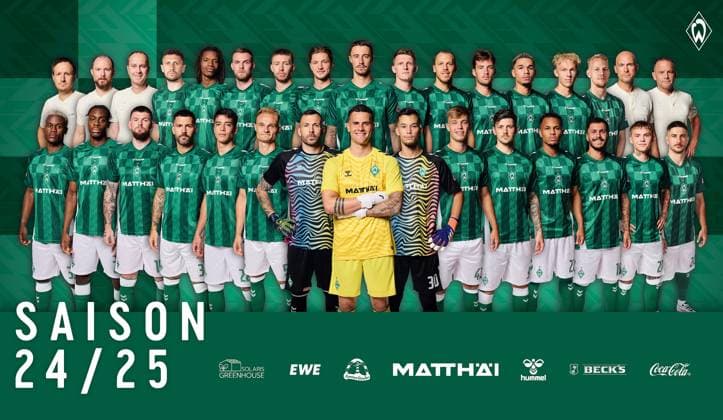 official portrait appointment SV Werder Bremen 2024 2025 1 Werder Bremen 1 BL portrait appointment 2024 2025, team photo back row from left Hannes Drews Co Coach SV Werder Bremen ,Patrick Kohlmann Co Coach Werder Bremen Ole Werner SV Werder Bremen Coach Milos Veljkovic Werder Bremen 13 Skelly Alvero Werder Bremen 28 Marvin Ducksch SV Werder Bremen 07 Mitchell Weiser Mitchell Elijah Weiser Werder Bremen 08 Niklas Stark Werder Bremen 04 Marco Friedl Werder Bremen 32 Captain Jens Stage Werder Bremen 06 Senne Lynen Werder Bremen 14 Justin Njinmah SV Werder Bremen 11 Leon Opitz Werder Bremen 35 Marco Gruell Grüll Werder Bremen 17 Christian Vander Goalkeeper Coach SV Werder Bremen Tom Cichon Werder Bremen Co coach Front row from left ABDENEGO NANKISHI Werder Bremen x33 Dikeni Salifou Werder Bremen 29 Oliver Burke Werder Bremen 15 Anthony Jung Werder Bremen 03 Julian Malatini WerderË½Bremen 22 Amos Pieper Werder Bremen 05 MARKUS KOLKE Werder Bremen 25 Michael Zetterer Werder Bremen 01 Mio Backhaus Werder Bremen 30 Keke Topp Werder Bremen 42 Dawid Kownacki WerderË½BremenË½ 09 Felix Agu Werder Bremen 27 Leonardo Bittencourt Werder Bremen 10 Isak Hansen Aaroen Hansen Aaroen SV Werder Bremen 21 Romano Schmid Werder Bremen 20 xWerderxBremenxviaxnordphotoxGmbHx xKokenge nph00001
