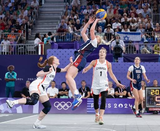 FRA, Paris, Olympic Games Paris 2024, 05 08 2024, 3x3 Basketball Womens 3rd place match Canada USA, La Concorde 1 v li Kacie Bosch Canada, 4 , Hailey Van Lith USA, 9 and Michelle Plouffe Canada, 1 Copyright: HMBxMedia SteffiexWunderl