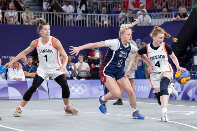 FRA, Paris, Olympic Games Paris 2024, 05 08 2024, 3x3 Basketball Womens 3rd place match Canada USA, La Concorde 1 v li Michelle Plouffe Canada, 1 , Hailey Van Lith USA, 9 and Kacie Bosch Canada, 4 Copyright: HMBxMedia SteffiexWunderl