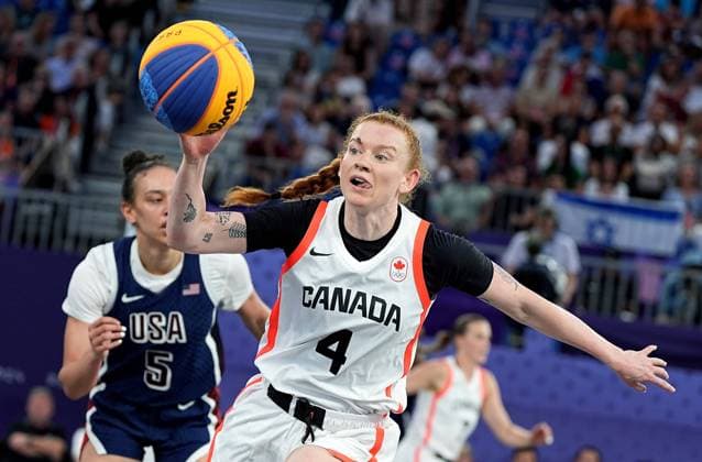 (240805) -- PARIS, Aug. 5, 2024 -- Kacie Bosch of Canada competes during the women s bronze medal game of 3x3 basketball between Canada and the United States at the Paris 2024 Olympic Games, Olympische Spiele, Olympia, OS in Paris, France, Aug. 5, 2024. ) (PARIS2024) FRANCE-PARIS-OLY-3x3 BASKETBALL ZhuxZheng 