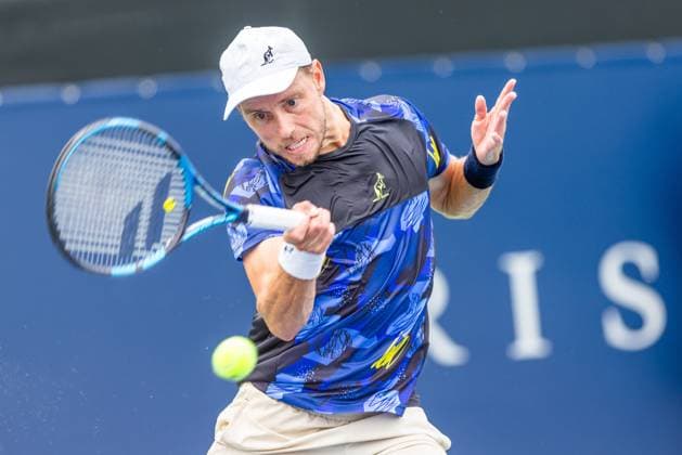 August 5, 2024, Montreal, Quebec, Canada: JAMES DUCKWORTH from Australia hitting the ball against Mackenzie Mcdonald from USA in qualification round at Canadian Open tennis tournament at IGA Stadium. Tennis 2024: Canadian Open  - ZUMA 20240805_mda_l189_581 Copyright: xYannickxLegarex