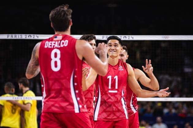 Brazil x USA men&amp; 39;s indoor volleyball PARIS, IF - 05.08.2024: BRAZIL X USA MEN& 39;S INDOOR VOLLEYBALL - Volleyball - Paris 2024 Olympics - Brazil (Photo: Luca Castro Fotoarena) x2588242x  LucaxCastro