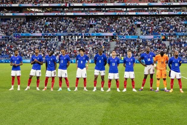 Lyon, France, August 5th 2024: Players of France are seen before the Olympic Games, Olympische Spiele, Olympia, OS Paris 2024 Men semi-final football match between France and Egypt at Stade de Lyon in Lyon, France. (Ane Frosaker SPP) Copyright: xAnexFrosakerx xSPPx spp-en-AnFrSp-_F_23676