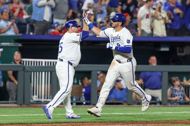 August 5, 2024: Kansas City Royals first baseman Vinnie Pasquantino (9) is congratulated by Kansas City Royals major league field coordinator, third base coach Vance Wilson (25) on his eighth inning home run against the Boston Red Sox at Kauffman Stadium in Kansas City, MO. CSM Kansas City United States of America - ZUMAc04_ 20240805_zma_c04_297 Copyright: xDavidxSmithx