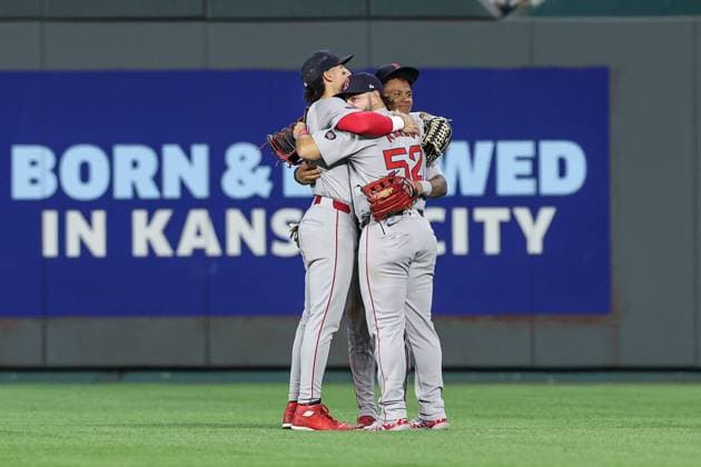 August 5, 2024: Boston Red Sox outfielder Jarren Duran (16), (left), Boston Red Sox outfielder Wilyer Abreu (52), and Boston Red Sox outfielder Ceddanne Rafaela (43) celebrate their 9-5 win over the Kansas City Royals at Kauffman Stadium in Kansas City, MO. CSM Kansas City United States of America - ZUMAc04_ 20240805_zma_c04_299 Copyright: xDavidxSmithx